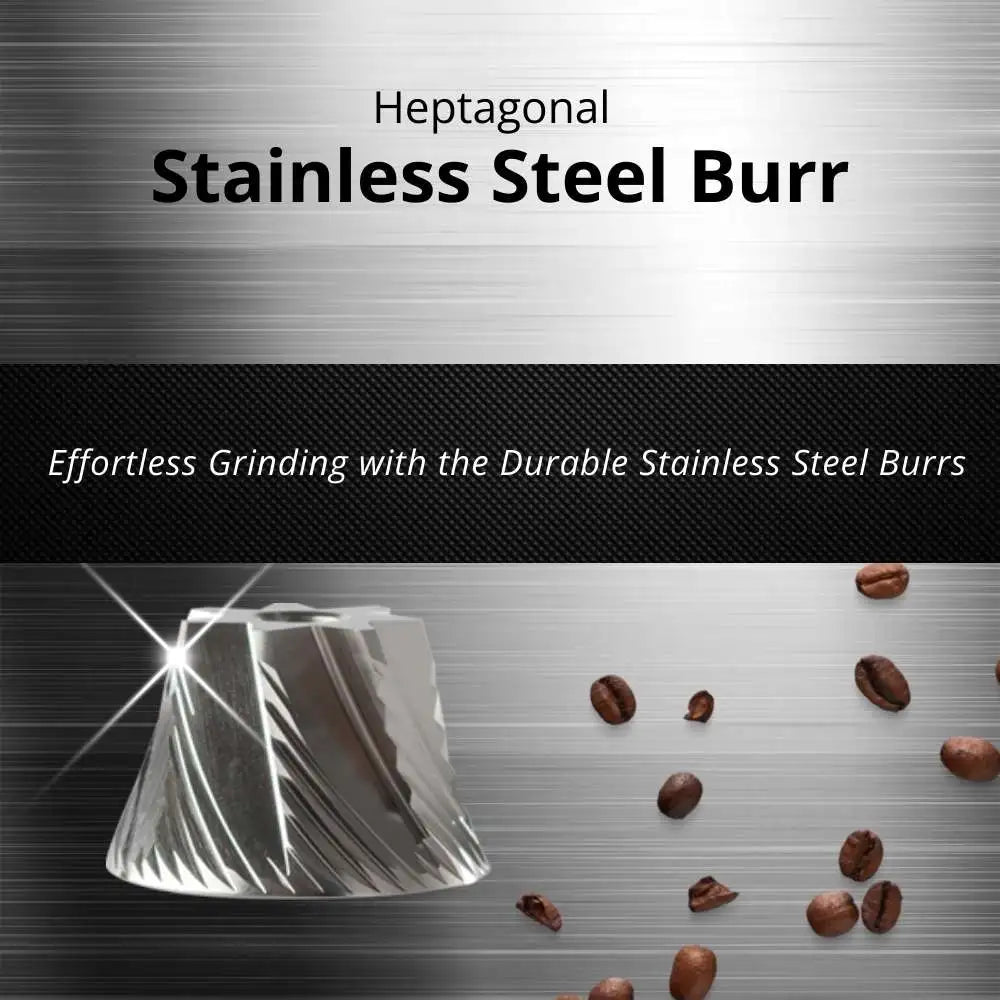 Stainless steel burr with coffee beans on a metallic background