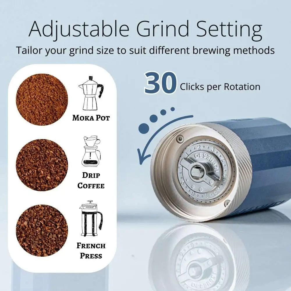 Adjustable coffee grinder with adjustable grind setting feature on a light blue background
