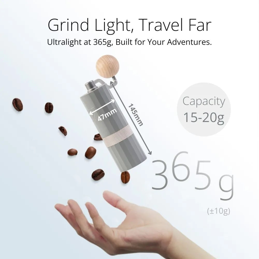 1Zpresso Q Air coffee grinder with measurement details on a light background
