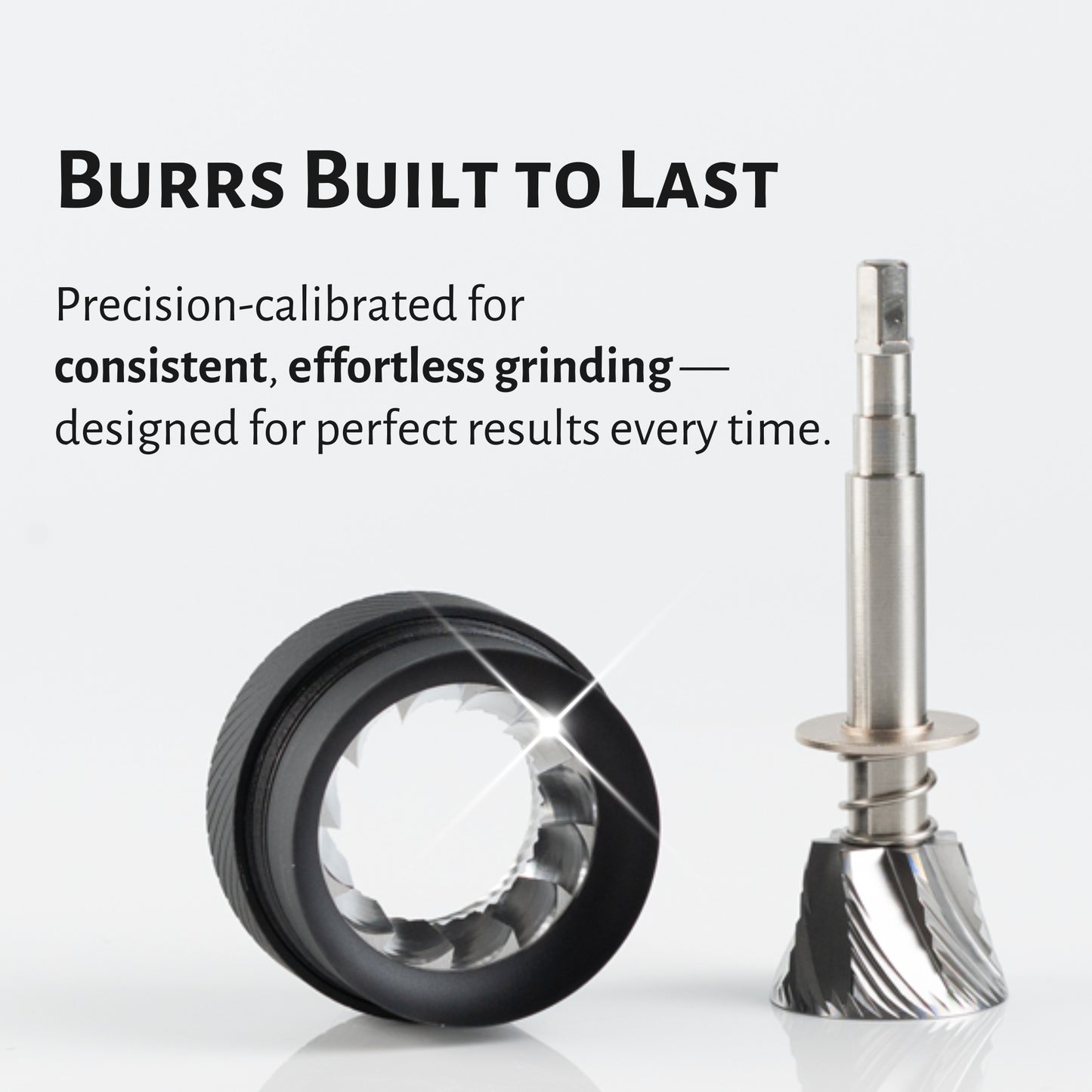 Burrs with text highlighting their precision and reliability on a white background.