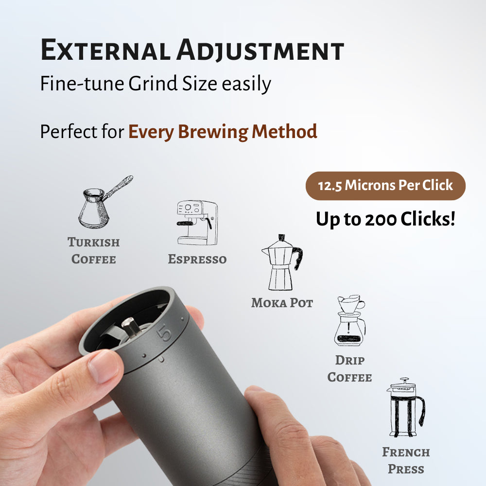 Coffee grinder with text on external adjustment and brewing methods