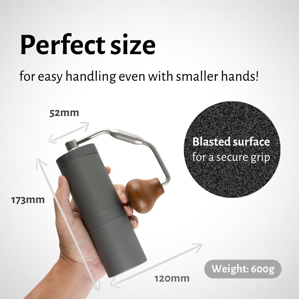 Handheld coffee grinder with measurements and text on a white background