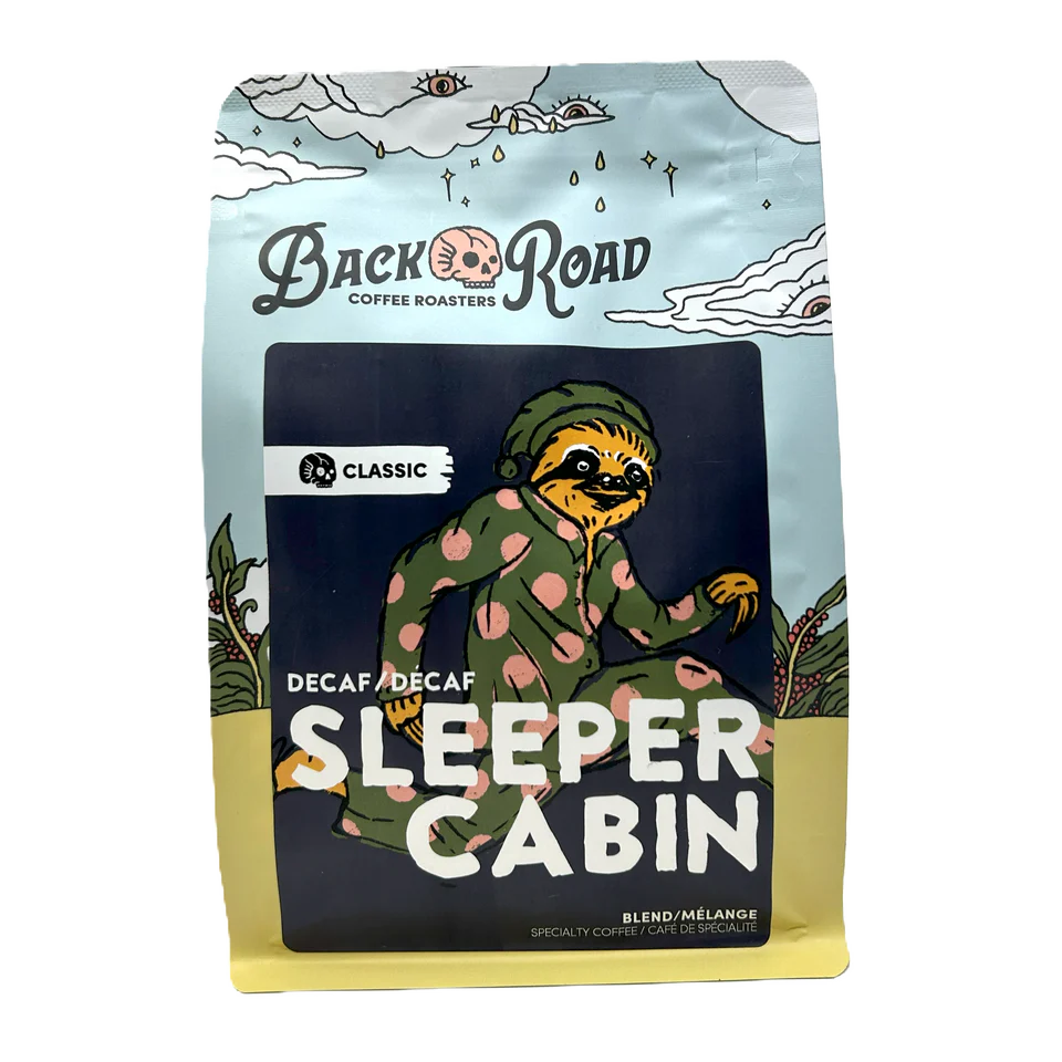 Decaf coffee bag with a sloth illustration and 'Back Road Coffee Roasters' branding