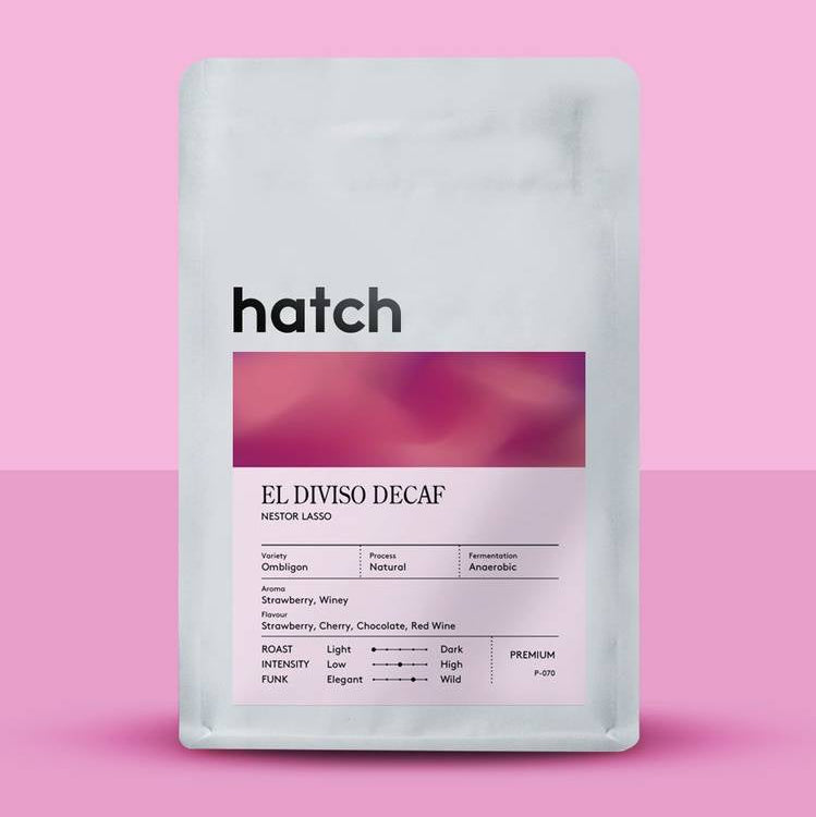 Coffee package labeled 'hatch' on a pink background