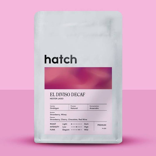 Coffee package labeled 'hatch' on a pink background