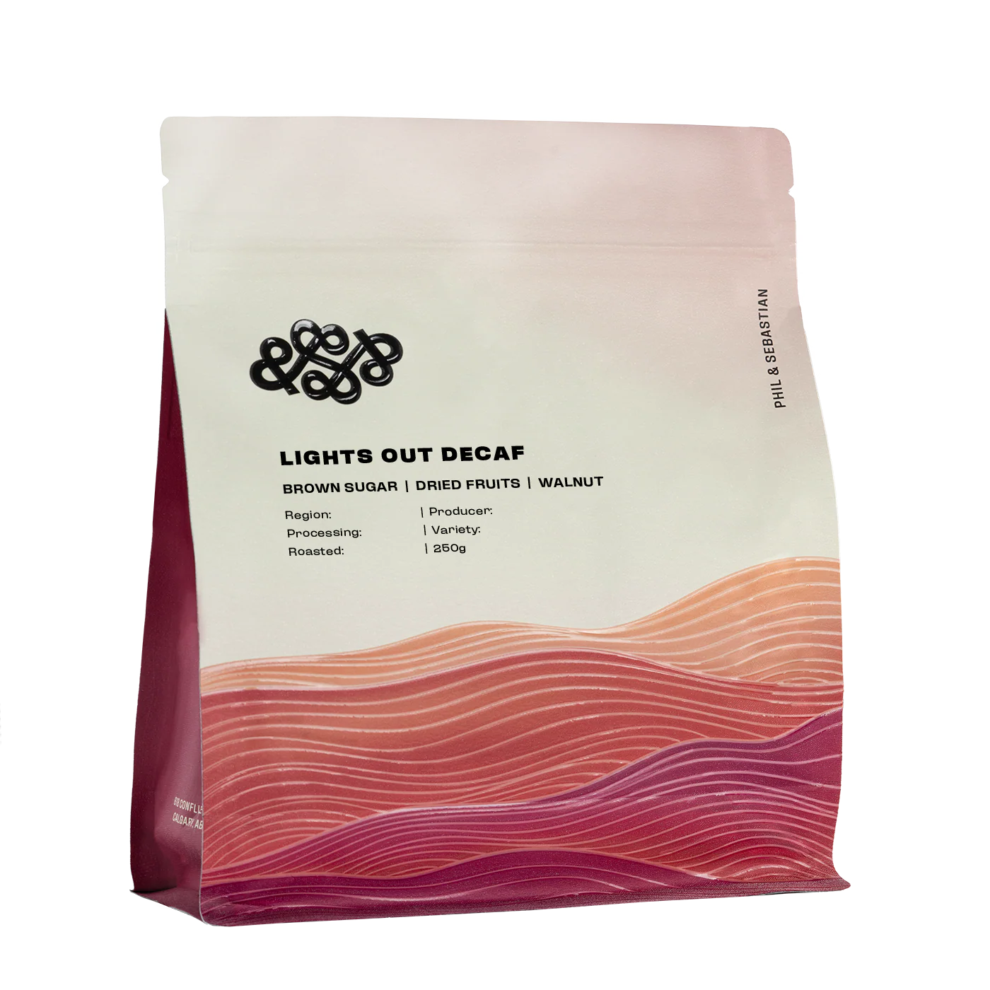 Decaf coffee package with a gradient design and brand logo on a white background