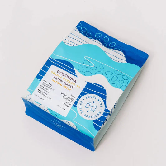 Bag of Rogue Wave Granja Paraiso 92 decaf on a gray background