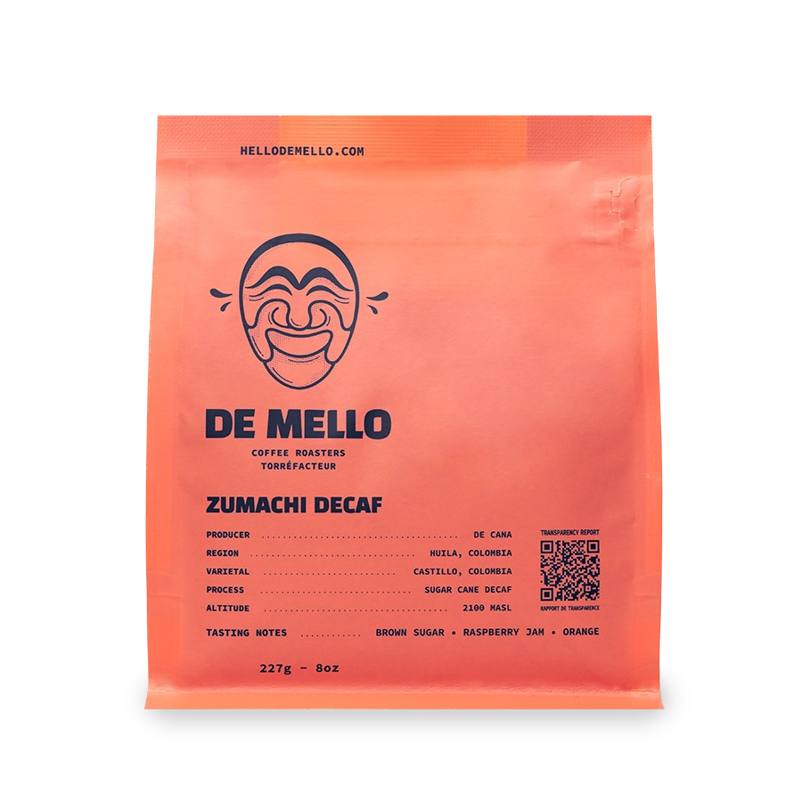 De Mello Zumachi Decaf coffee package on a white background