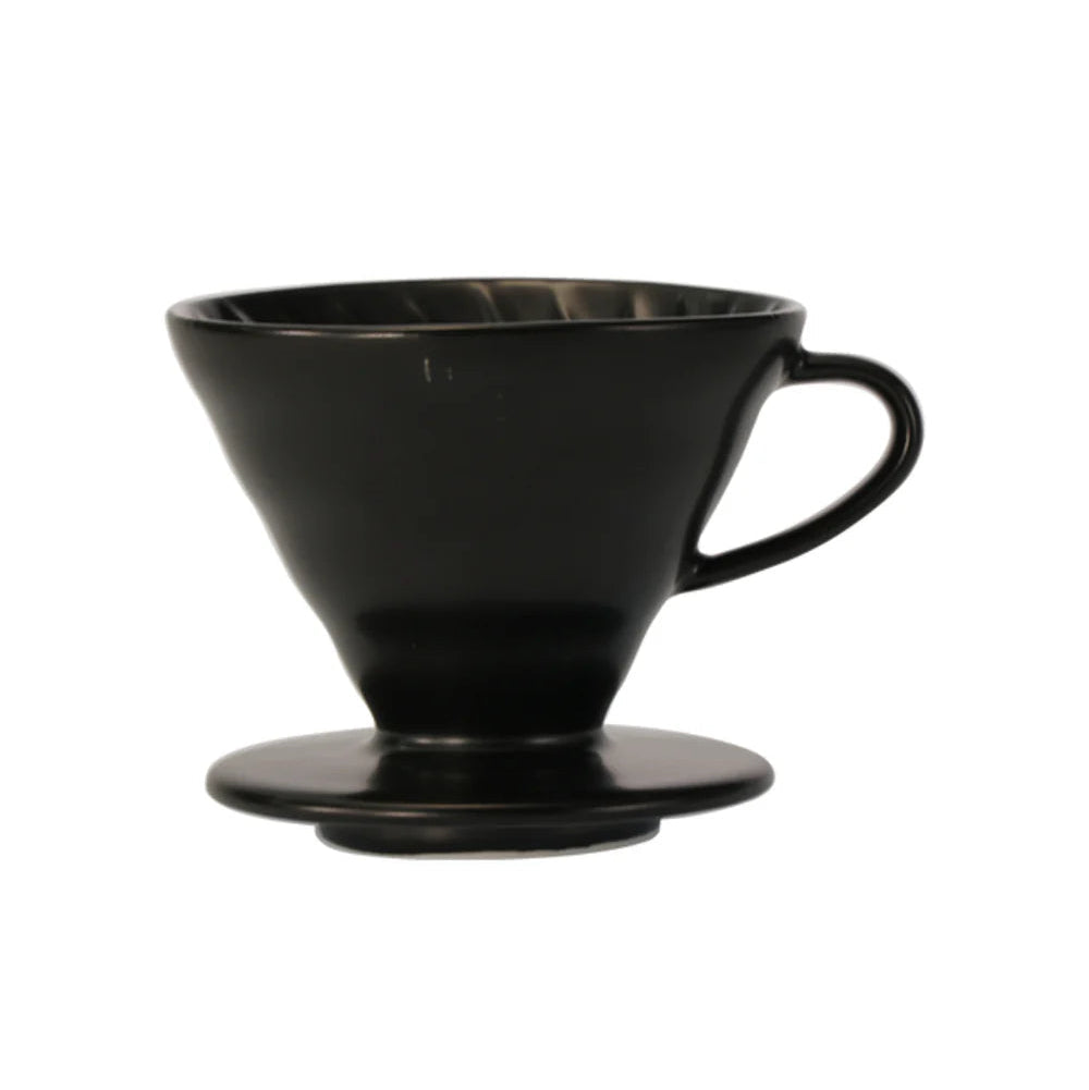 Black ceramic coffee dripper on a white background