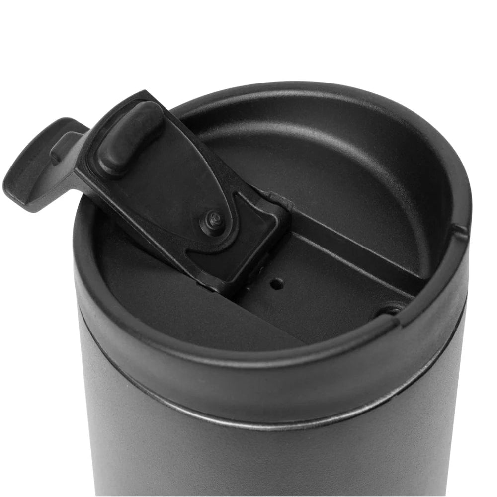 Black tumbler with a spill-proof lid on a white background