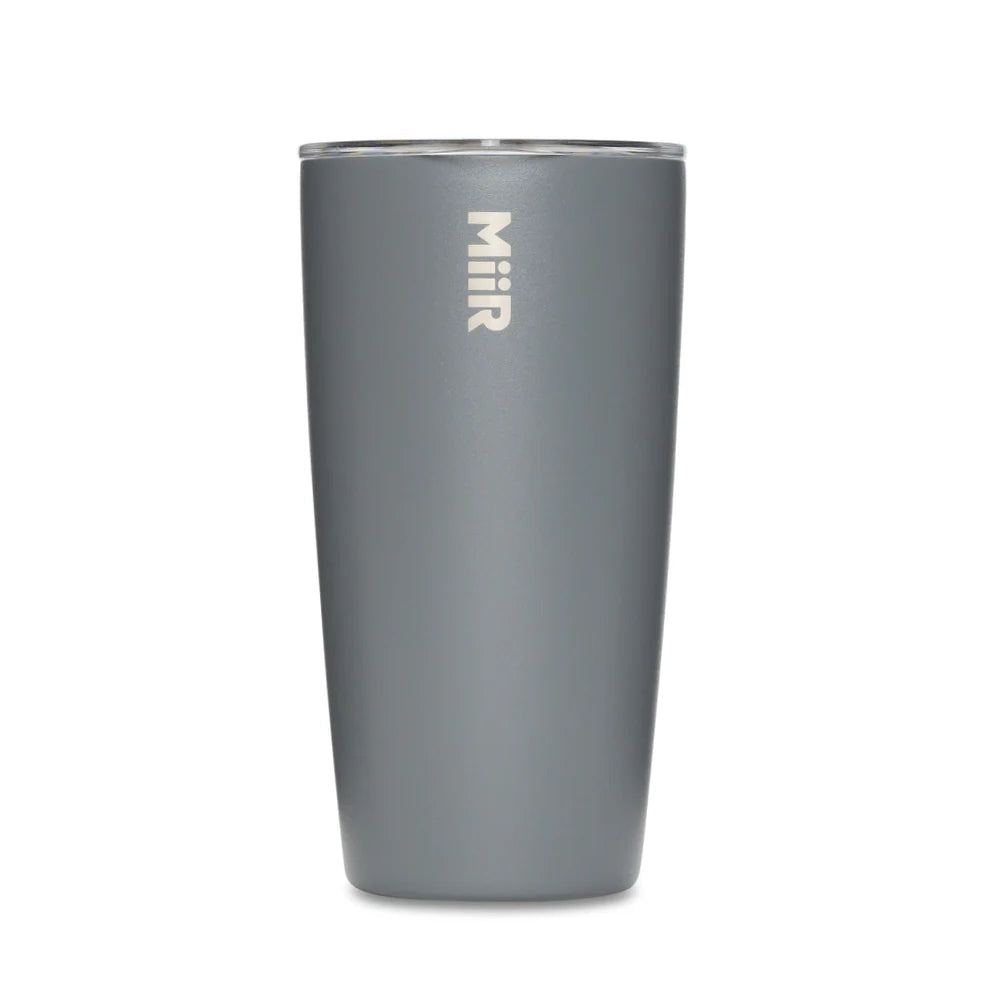 Gray tumbler with 'MiiR' branding on a white background