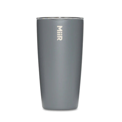 Gray tumbler with 'MiiR' branding on a white background