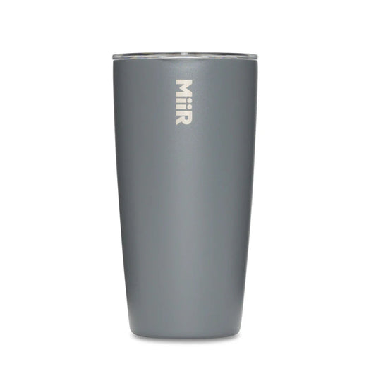 Gray tumbler with 'MiiR' branding on a white background
